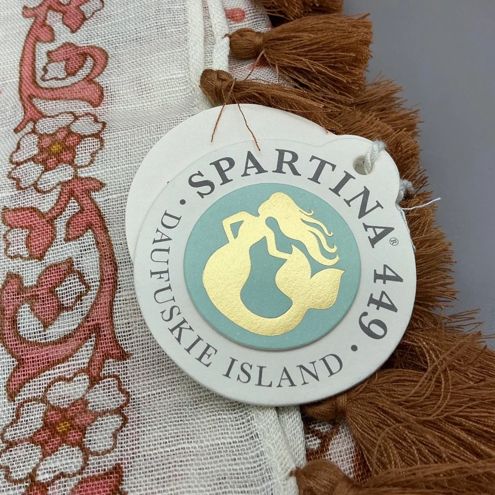 Spartina 449 Scarf Womens White Brown Paisley Tassel Trim Square Lightweight